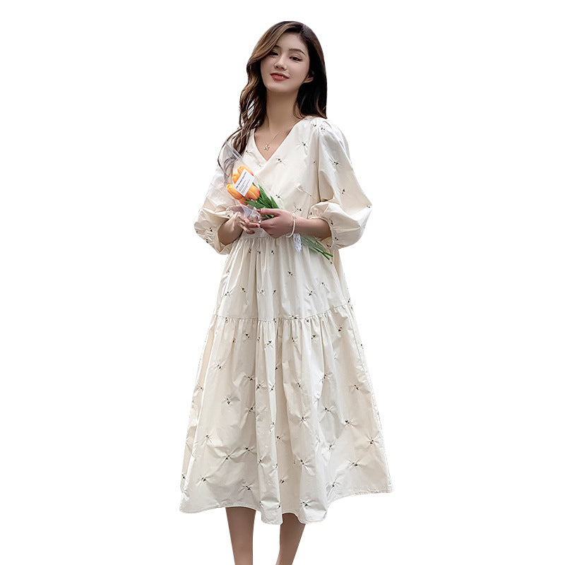 Embroidered High Waist Maternity Midi Dress