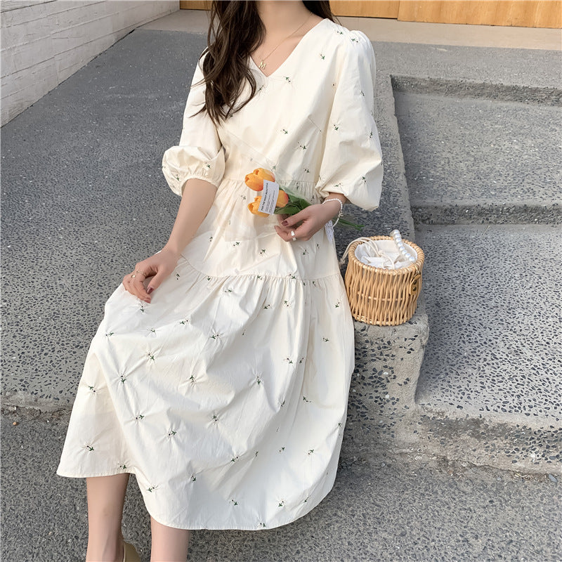 Embroidered High Waist Maternity Midi Dress