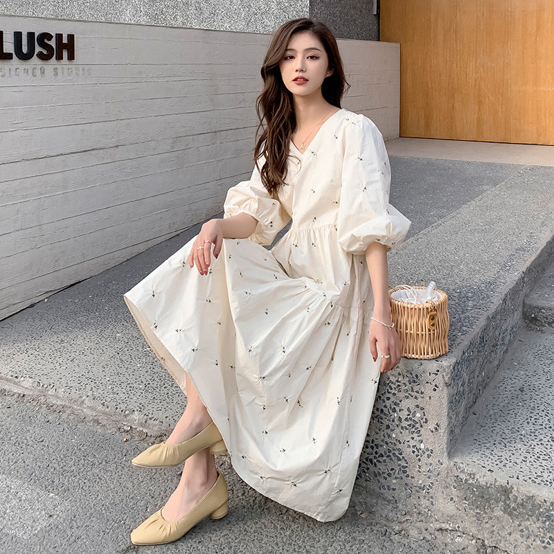 Embroidered High Waist Maternity Midi Dress