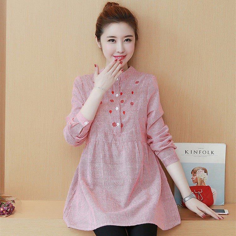 Striped Embroidered Maternity Top With Stand Collar