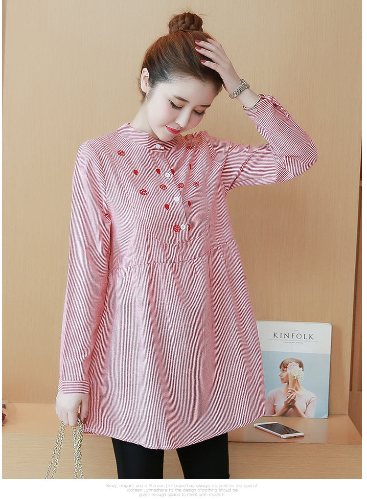 Striped Embroidered Maternity Top With Stand Collar